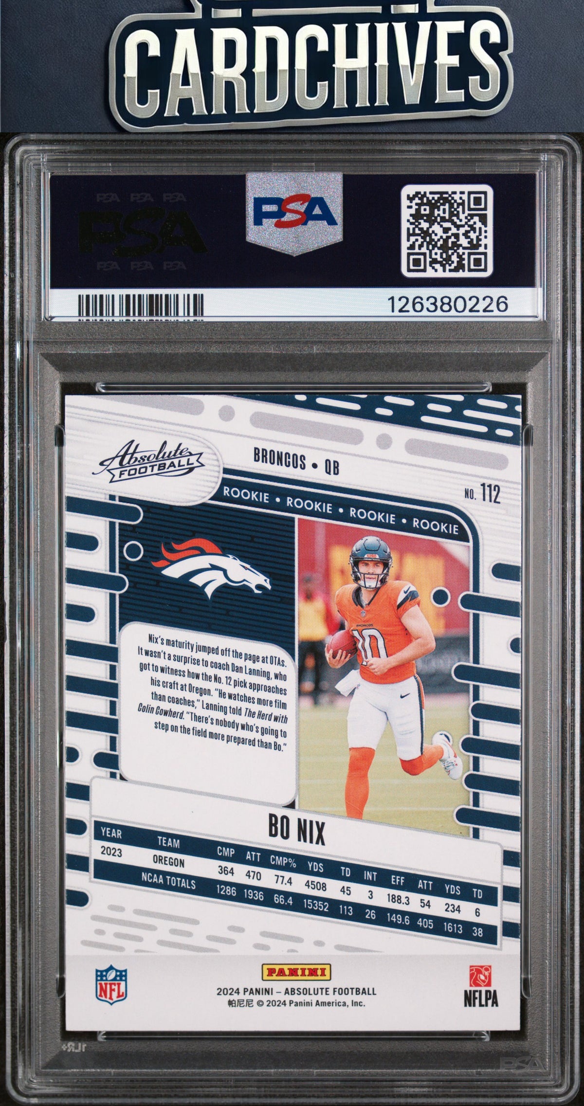 Bo Nix 2024 Panini Absolute #112 PSA 9 MINT