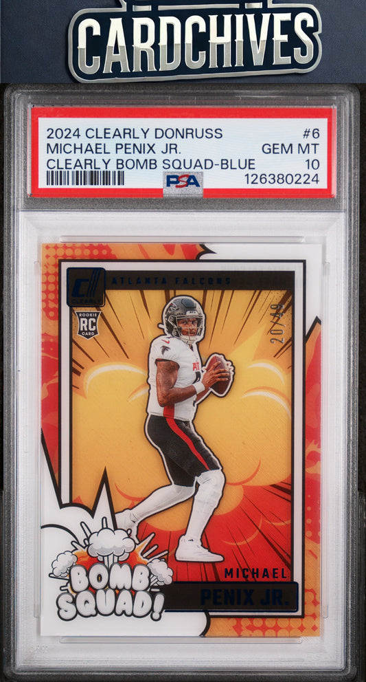 Michael Penix Jr. 2024 Clearly Donruss #6 Bomb Squad Blue #/49 PSA 10 POP 4🔥