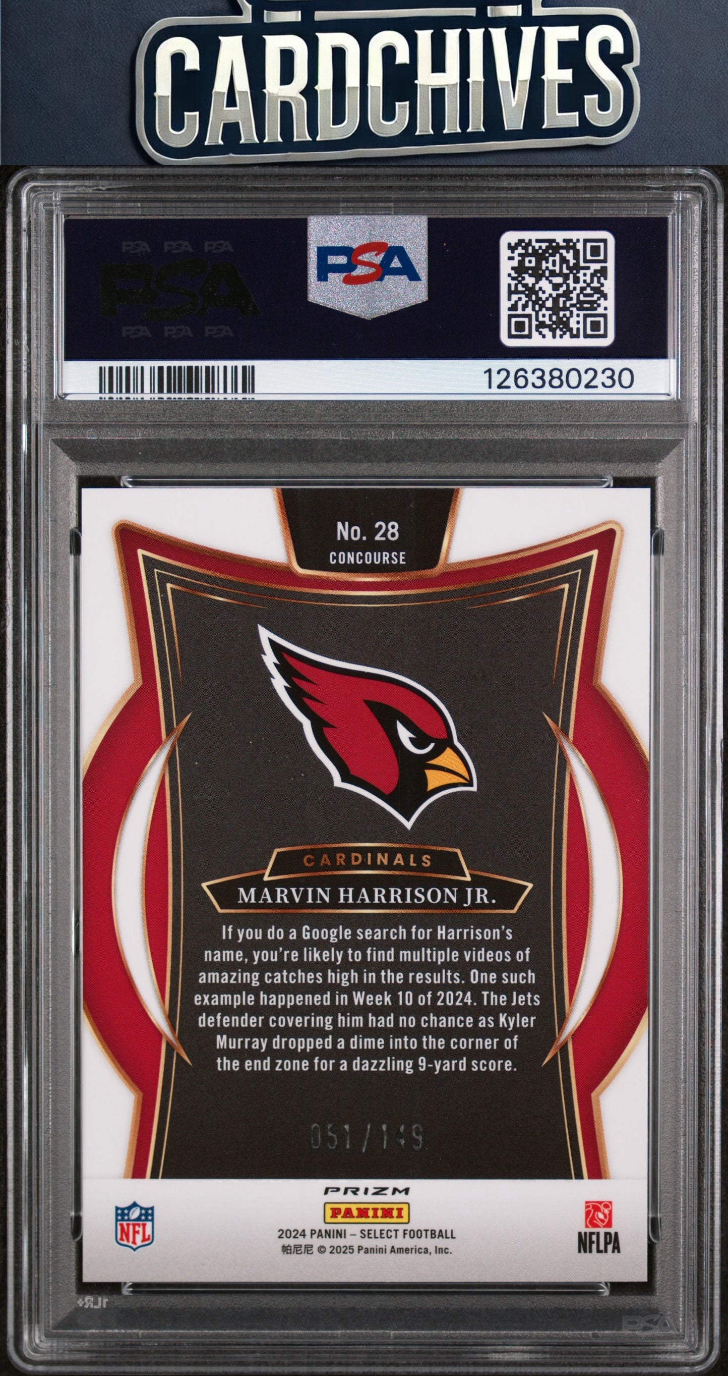 Marvin Harrison Jr. 2024 Panini Select #28 Maroon Prizm #/149 PSA 10 GEM MT