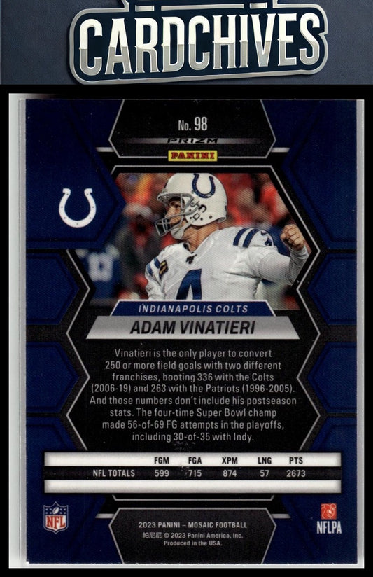 Adam Vinatieri 2023 Panini Mosaic #98 Camo Pink Mosaic