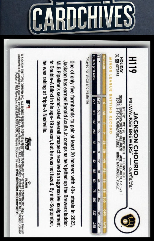 Jackson Chourio 2024 Topps Holiday #H119 Rookie RC