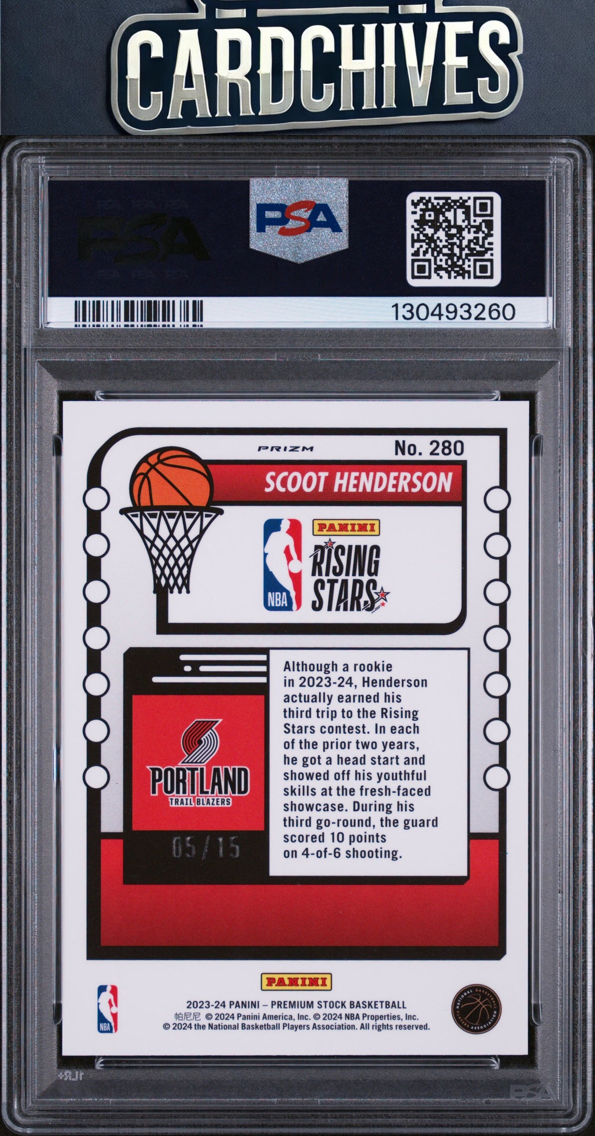 Scoot Henderson 2023-24 Hoops Premium Stock #280 Neon Blue Prizm #/15 PSA 9 MINT