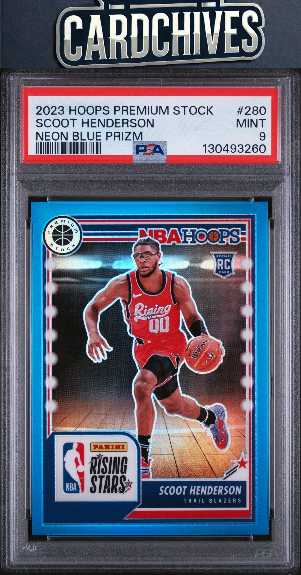 Scoot Henderson 2023-24 Hoops Premium Stock #280 Neon Blue Prizm #/15 PSA 9 MINT