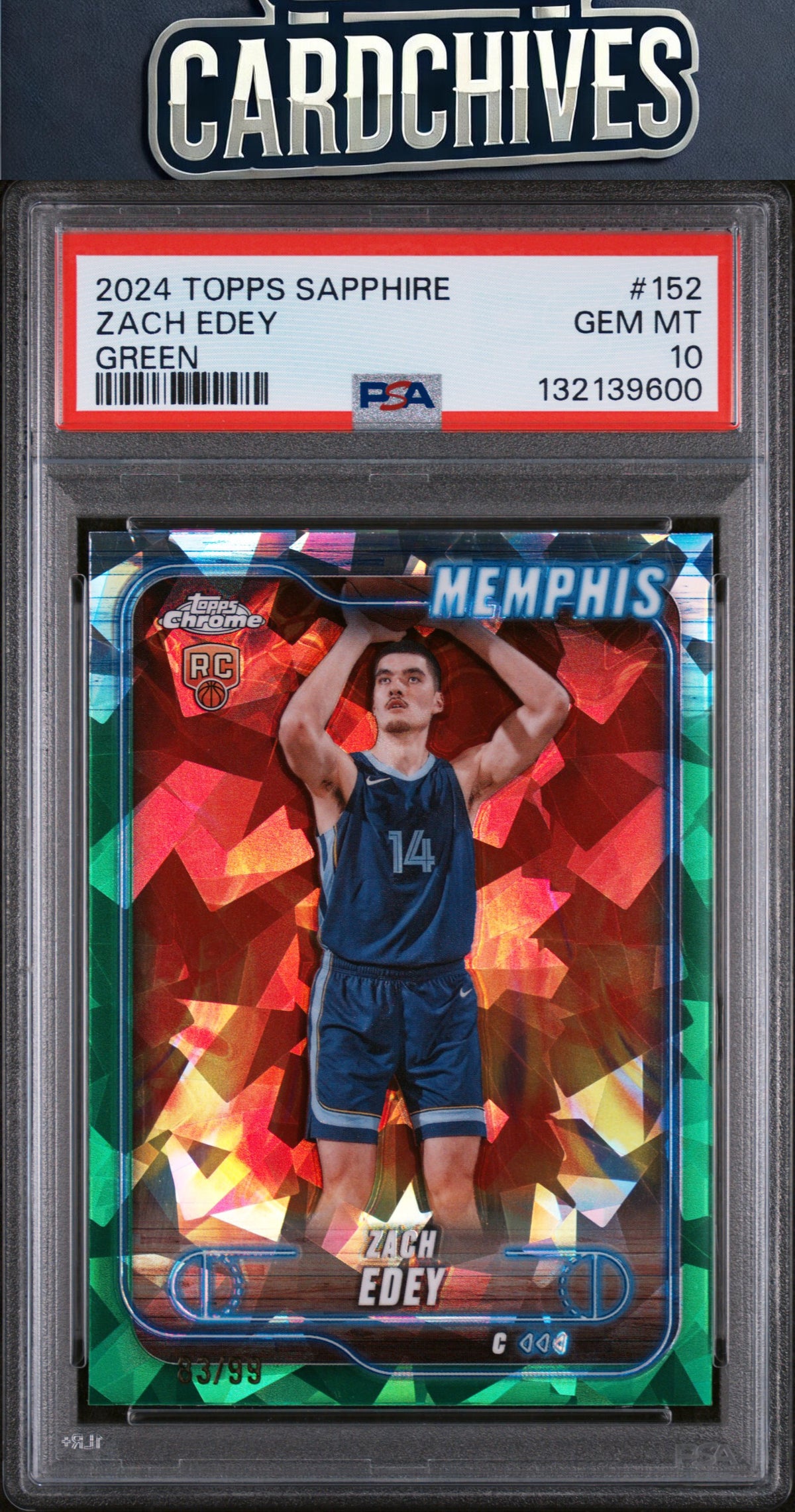 Zach Edey 2024-25 Topps Chrome Sapphire #152 Green Sapphire #/99 PSA 10 GEM MT