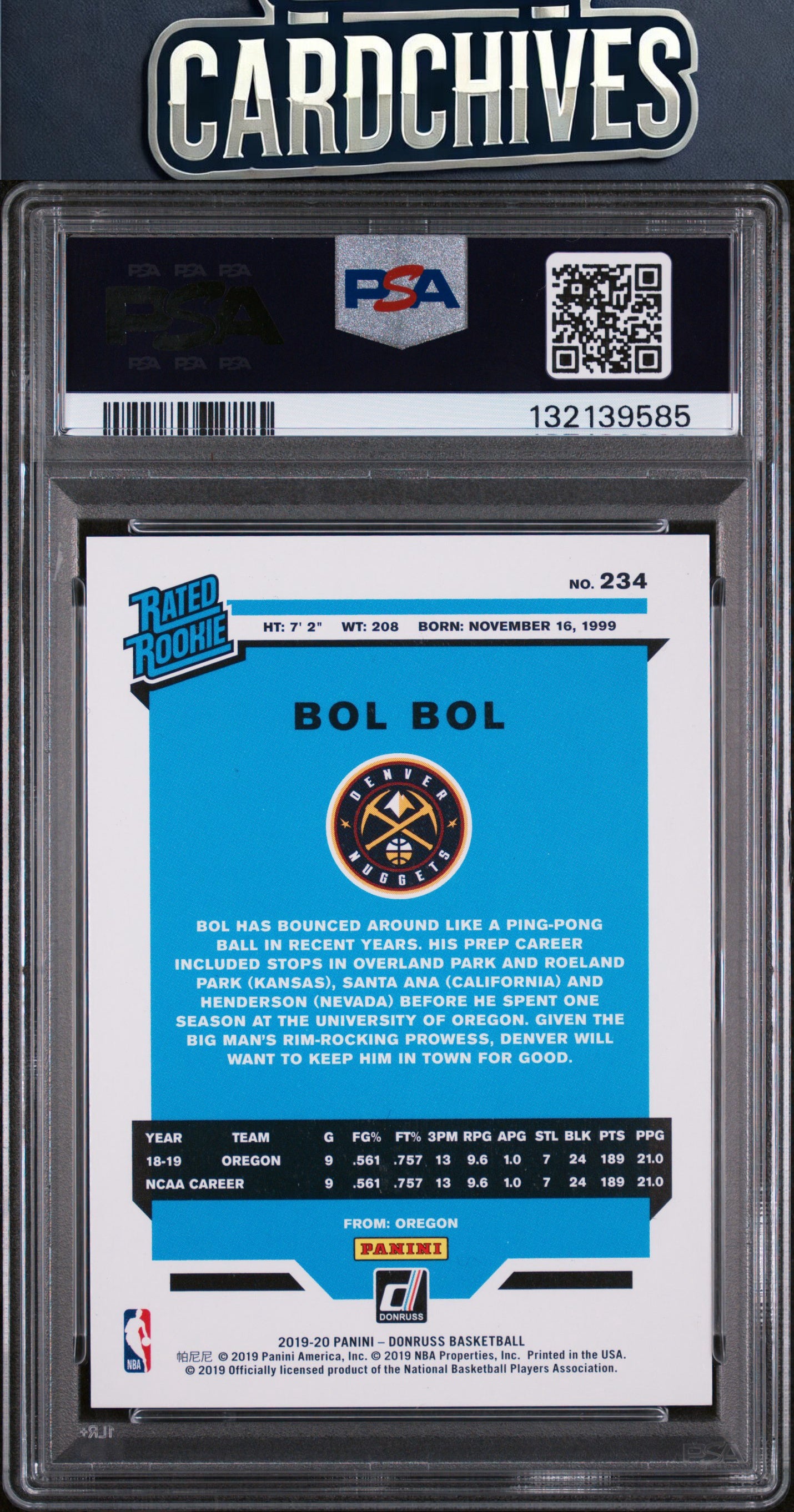 Bol Bol 2019-20 Donruss #234 Holo Purple Laser #/15 PSA 10 GEM MT