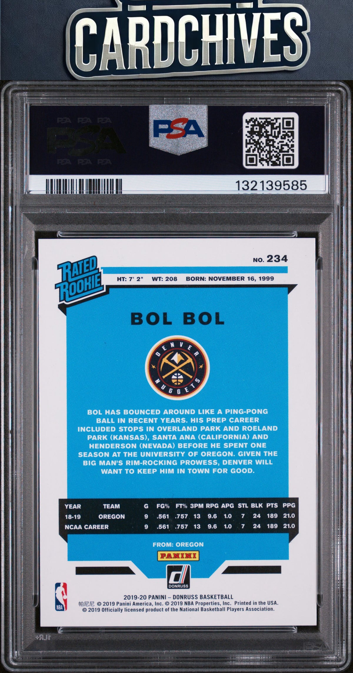 Bol Bol 2019-20 Donruss #234 Holo Purple Laser #/15 PSA 10 GEM MT