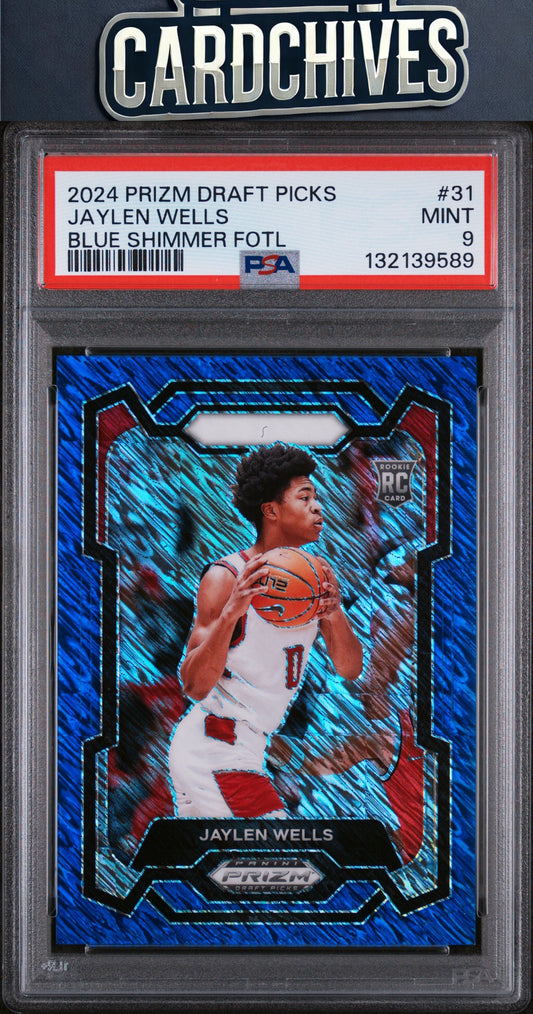 Jaylen Wells 2024 Prizm Draft Picks #31 Prizms Blue Shimmer FOTL /19 PSA 9