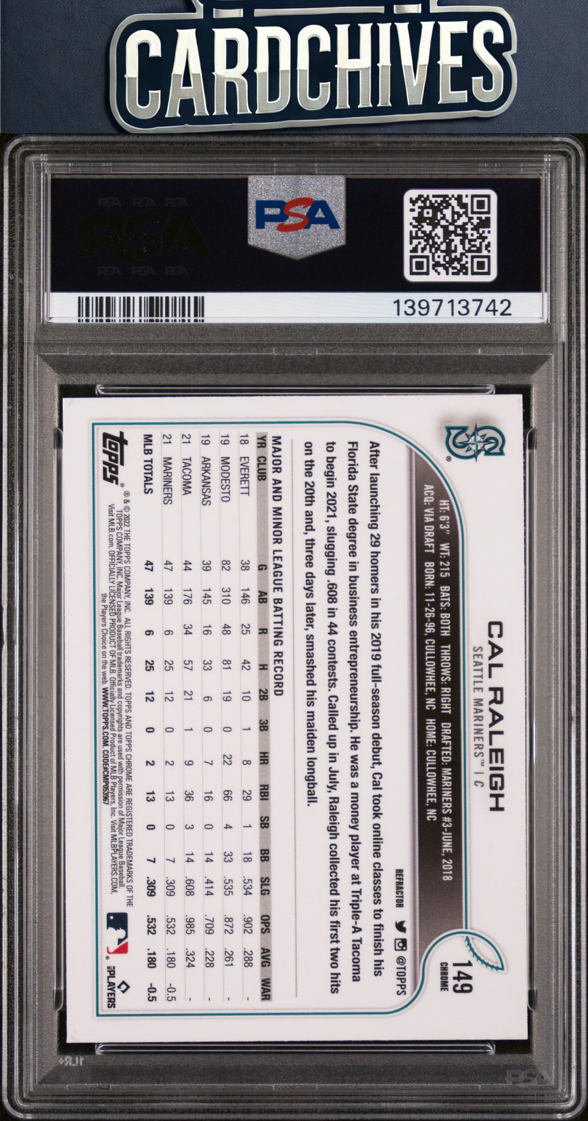 Cal Raleigh 2022 Topps Chrome #149 Refractor PSA 10 GEM MT