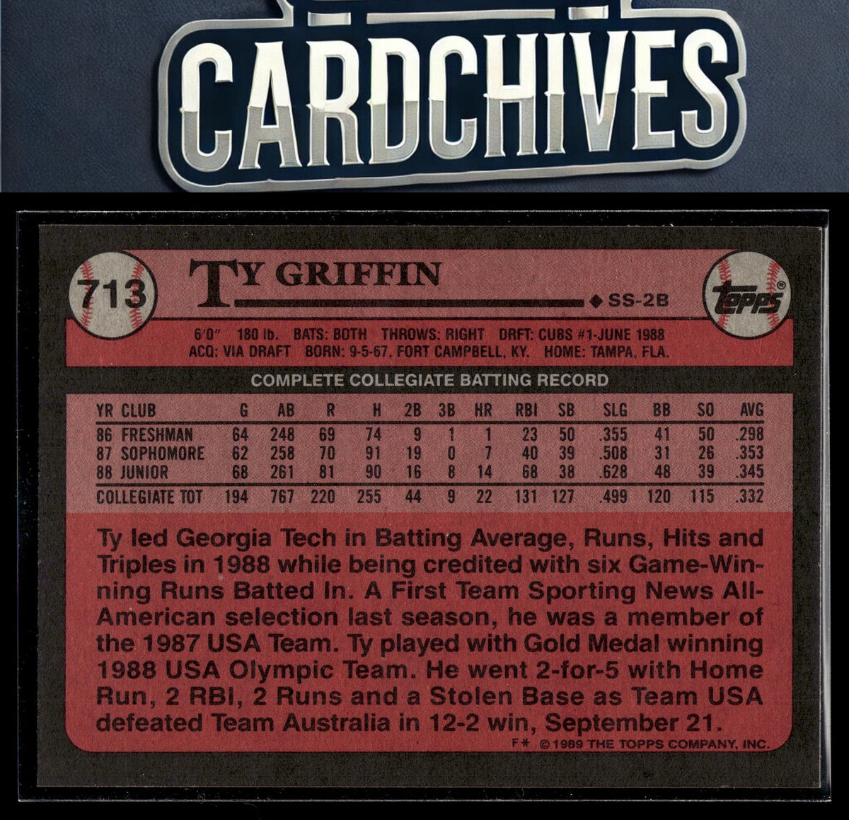 Ty Griffin 1989 Topps #713 RC