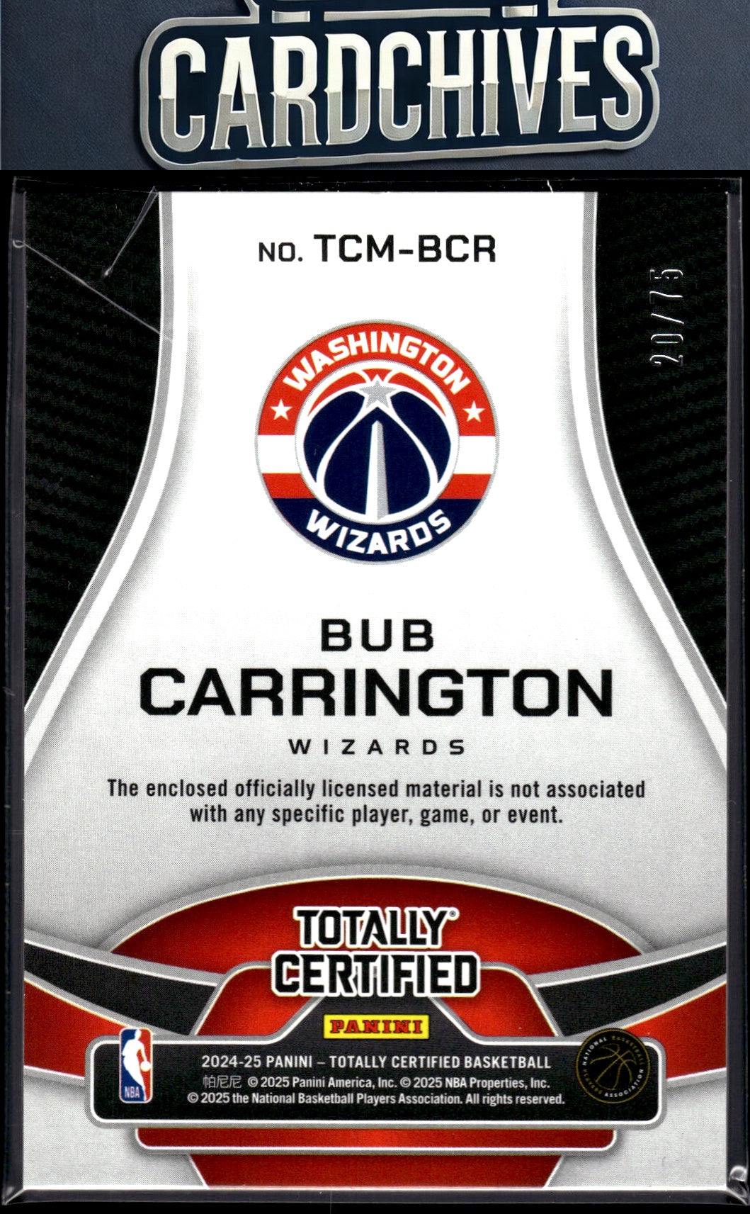 Bub Carrington 2024-25 Totally Certified #TCM-BCR Materials Mirror Red #/75
