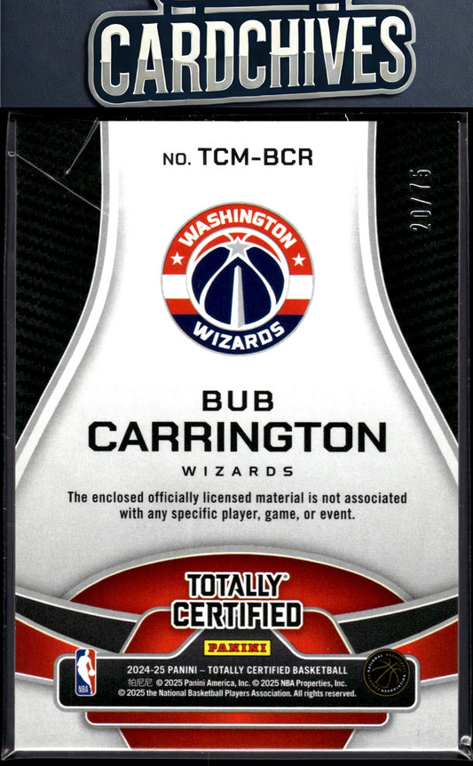 Bub Carrington 2024-25 Totally Certified #TCM-BCR Materials Mirror Red #/75