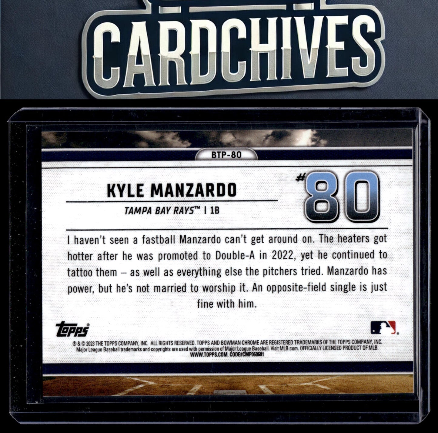 Kyle Manzardo 2023 Bowman #BTP-80 Bowman Scouts Top 100 Aqua Refractors #/125 SN