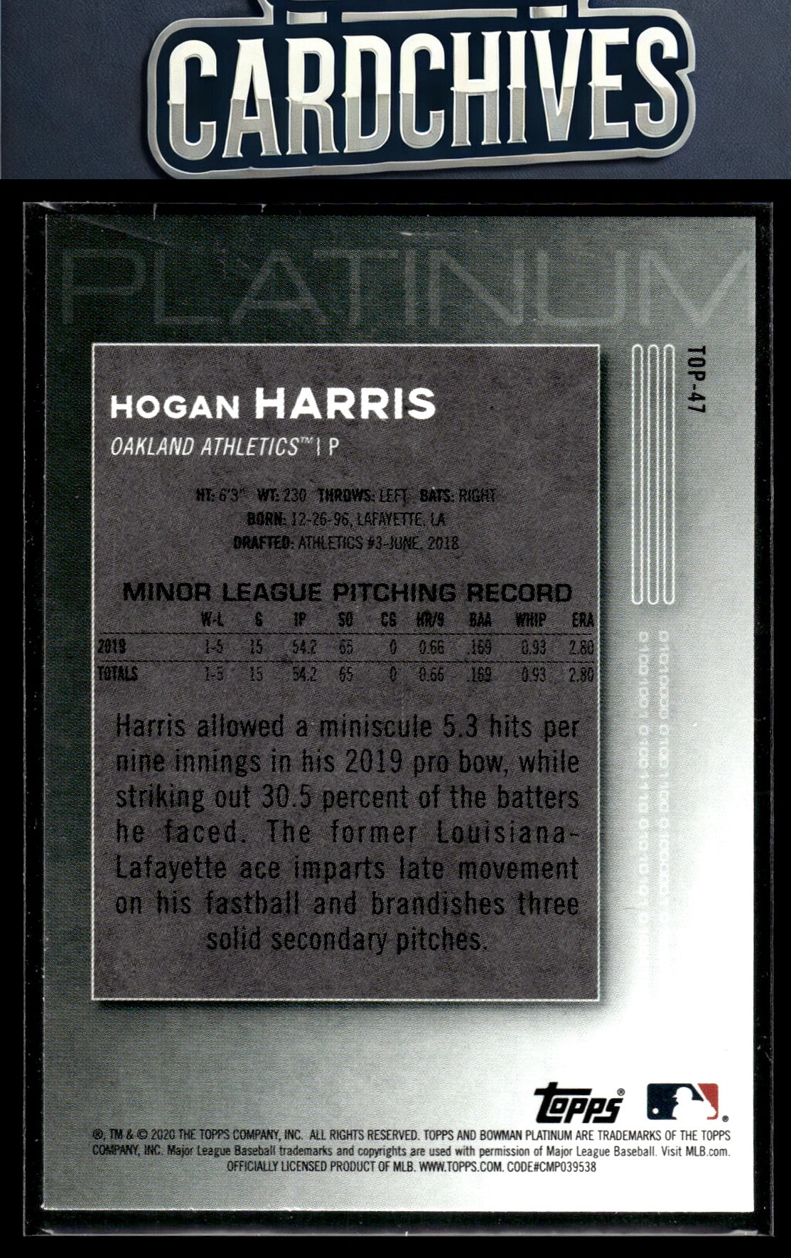 Hogan Harris 2020 Bowman Platinum #TOP-47 Top Prospects