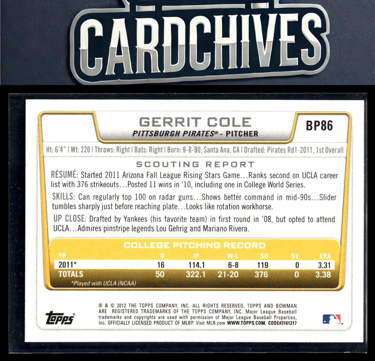 Gerrit Cole 2012 Bowman #BP86 Prospects