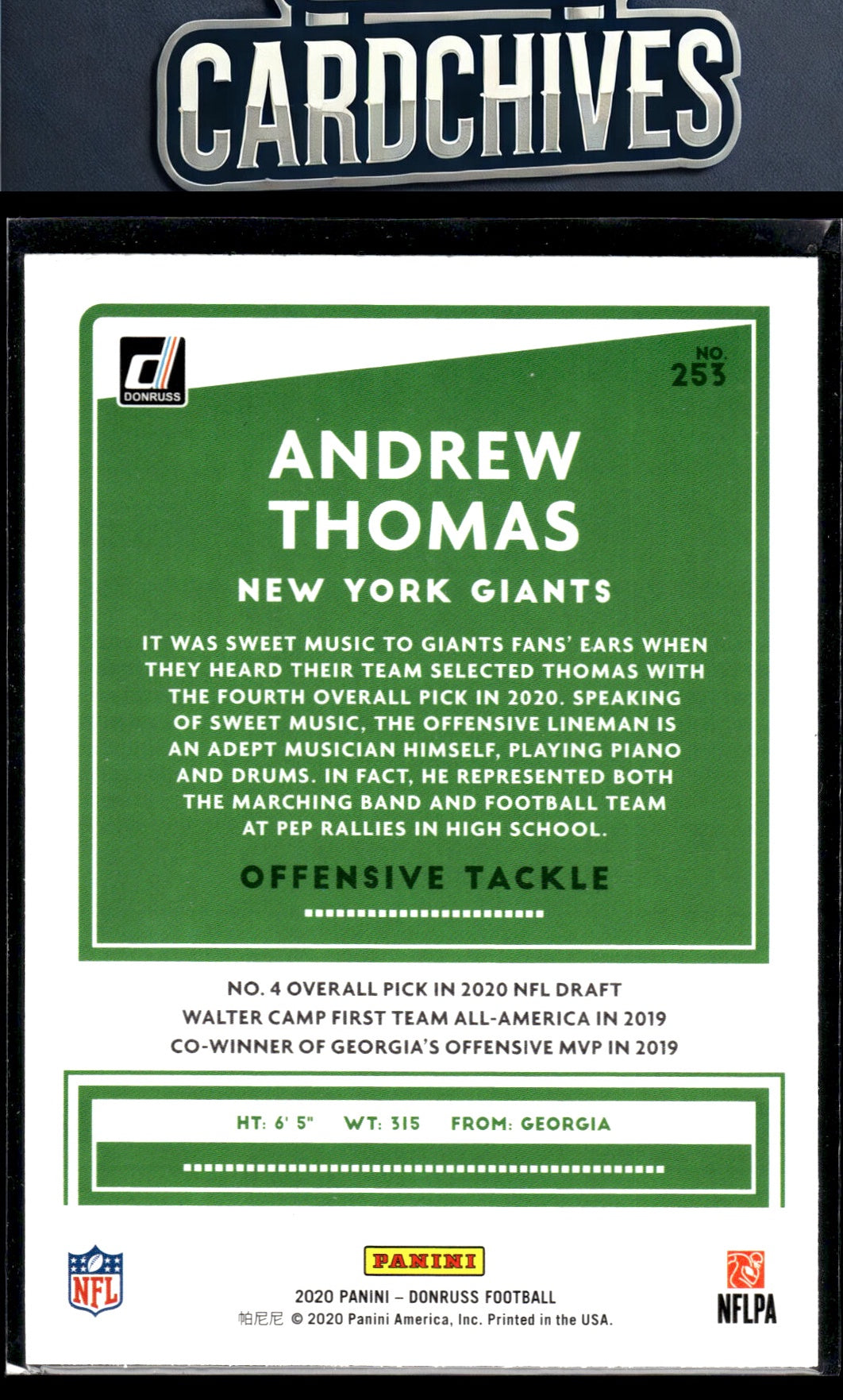 Andrew Thomas 2020 Donruss #253 Press Proof Yellow Rookie RC