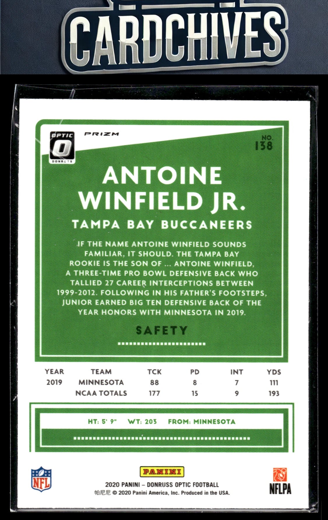 Antoine Winfield Jr. 2020 Donruss Optic #138 Purple Shock Rookie RC