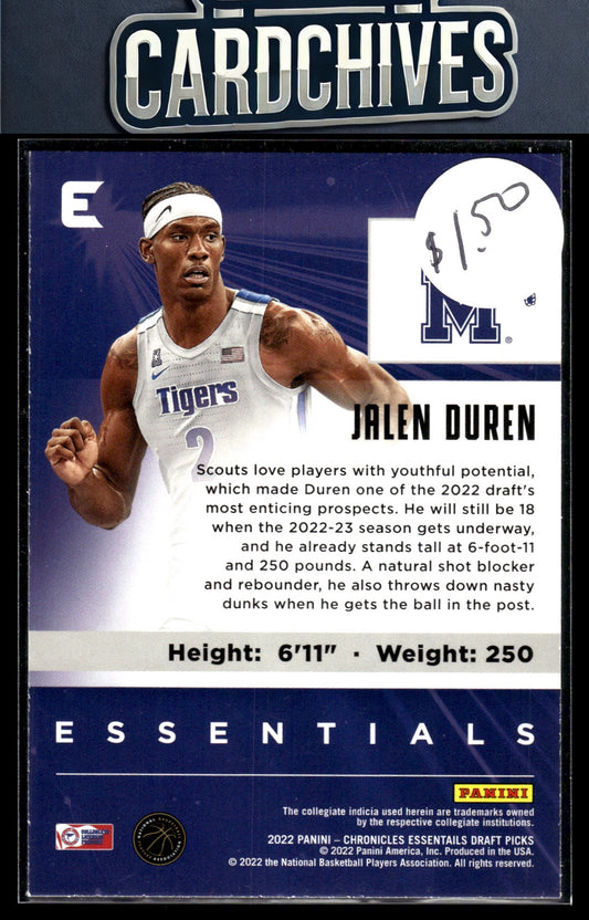Jalen Duren 2022 Panini Chronicles Draft Picks #13 Essentials