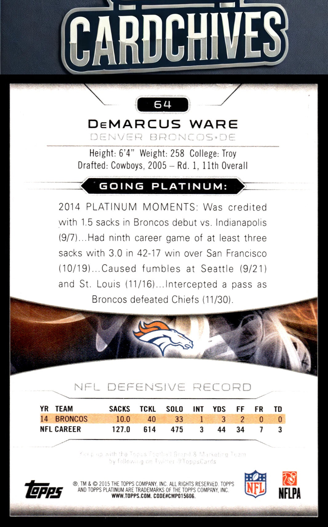 DeMarcus Ware 2015 Topps Platinum #64 Gold