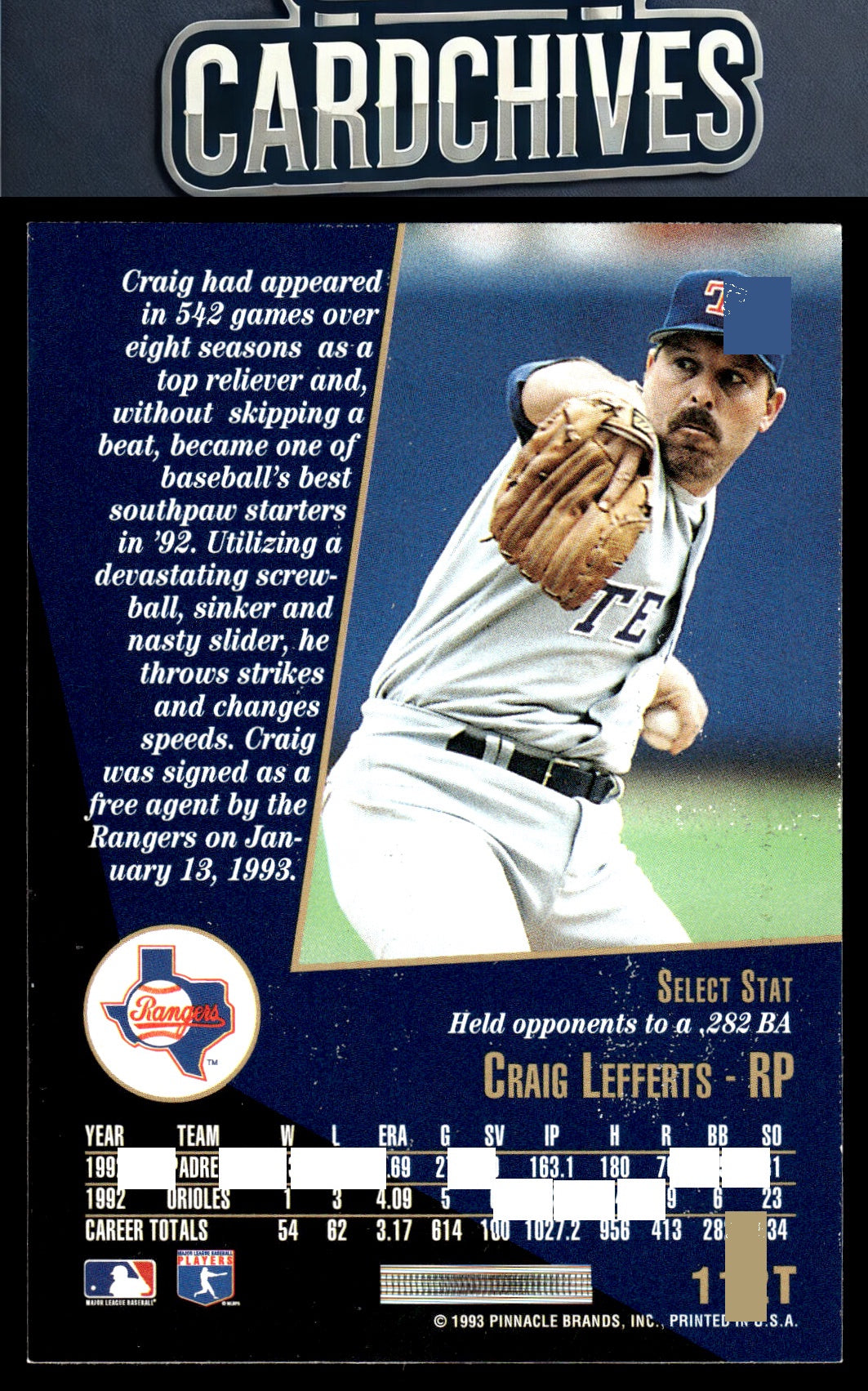Craig Lefferts 1993 Select Rookie & Traded #112T