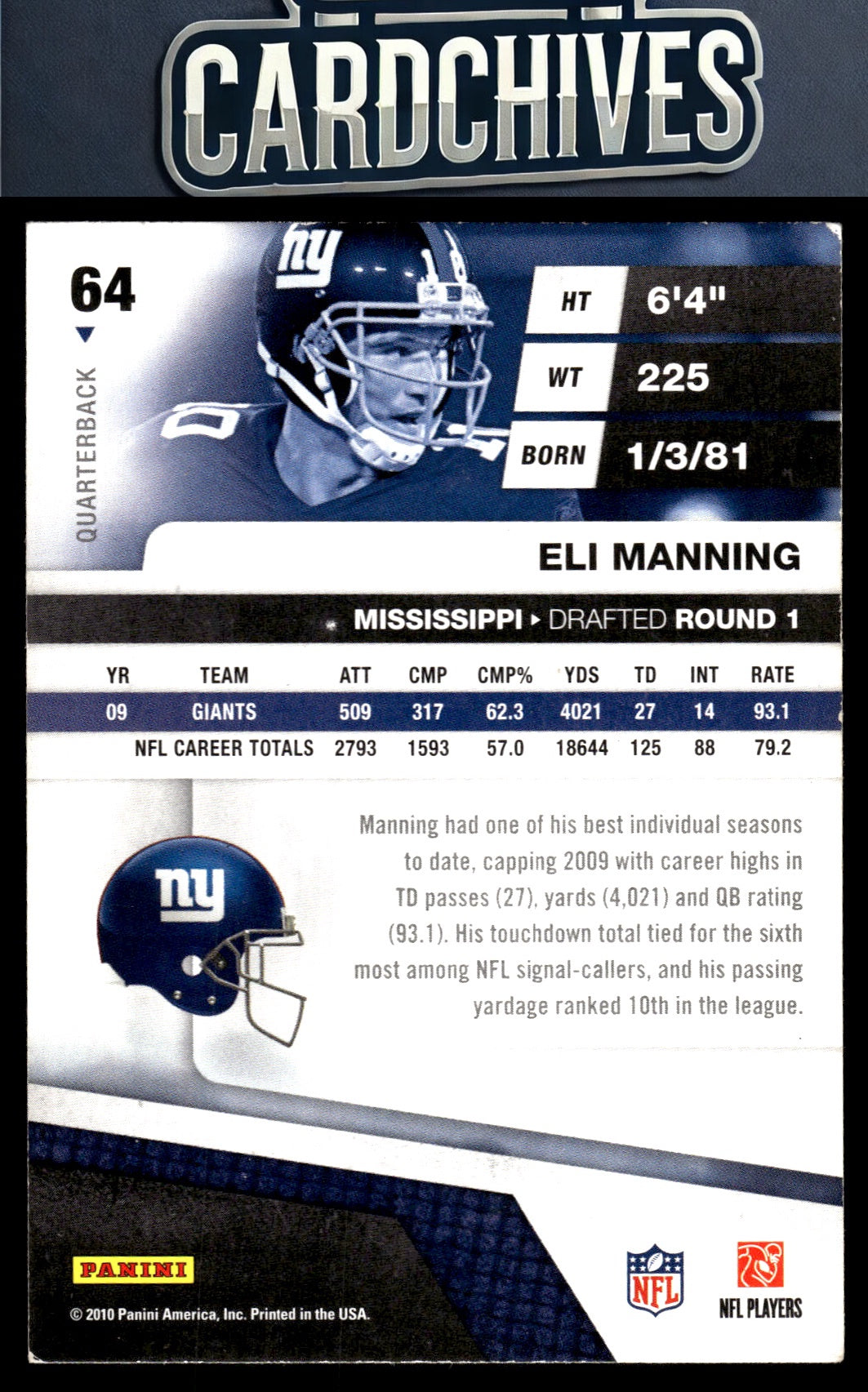 Eli Manning 2010 Panini Absolute Memorabilia #64 Retail