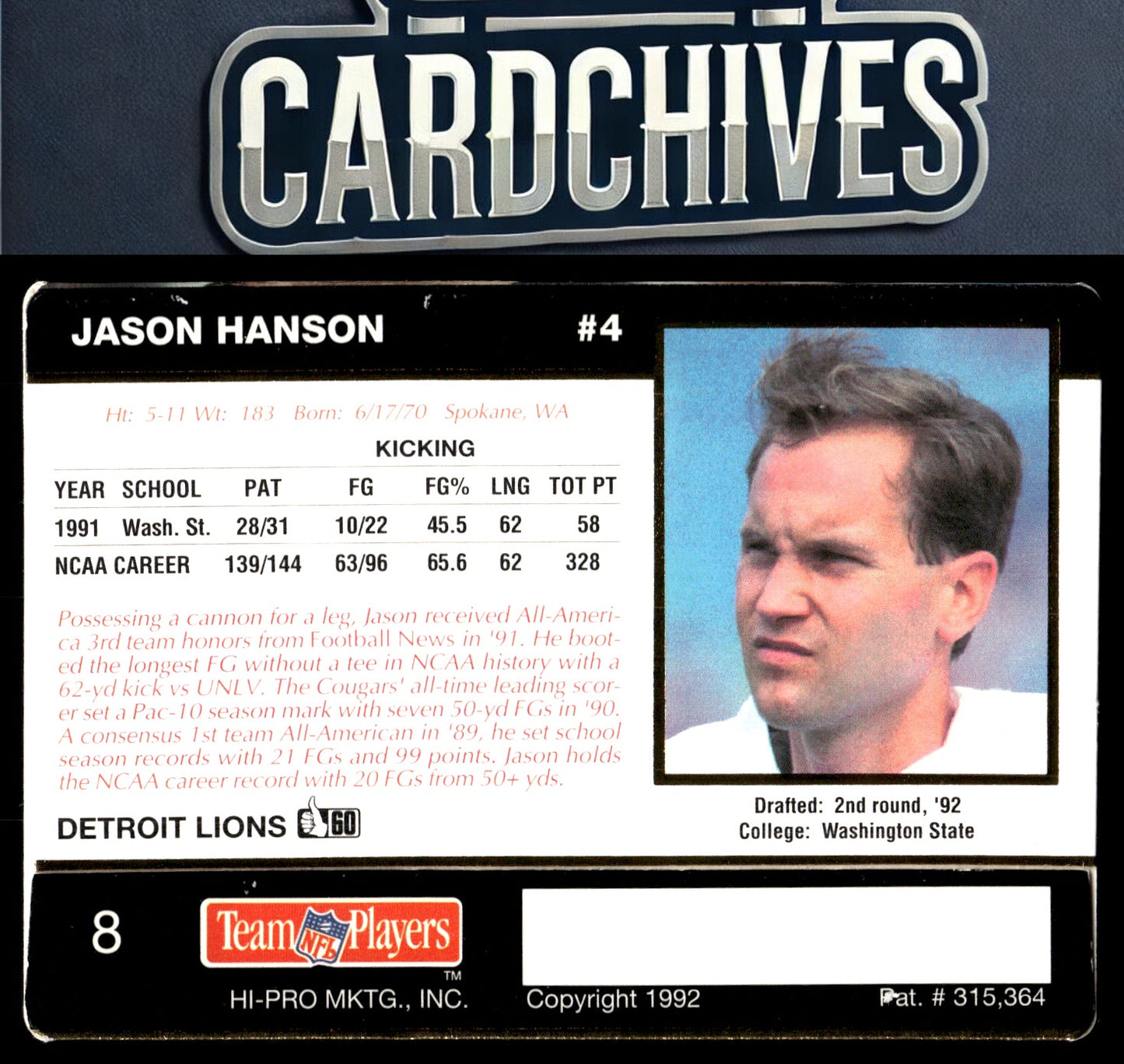 Jason Hanson 1992 Action Packed Rookie/Update #8 Rookie