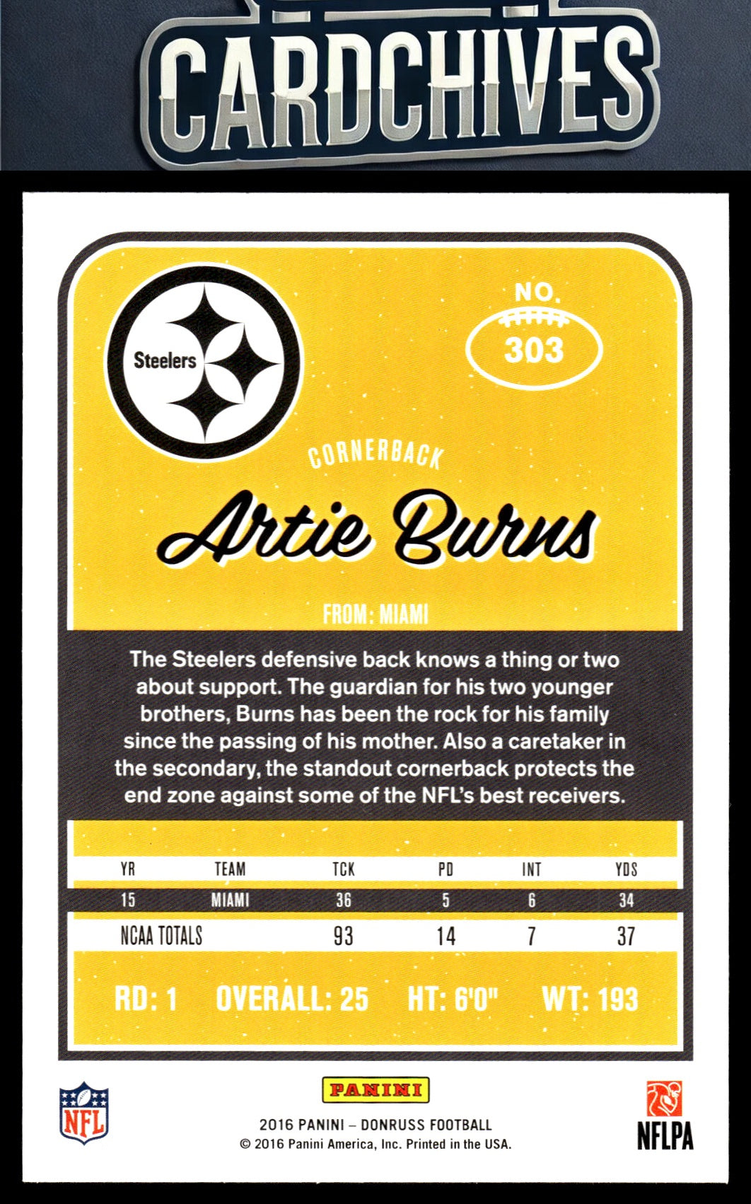 Artie Burns 2016 Donruss #303 Rookie RC