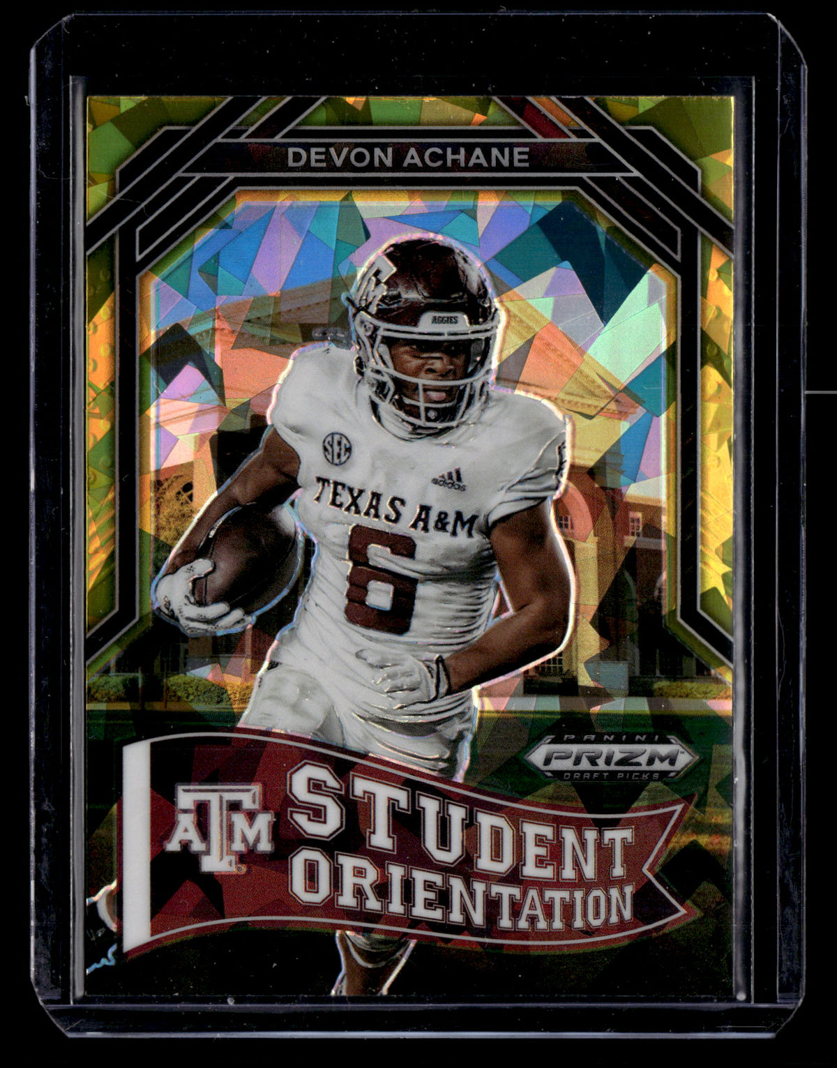 De'Von Achane 2023 Panini Prizm Draft Picks #SO-13 Student Orientation Gold Ice