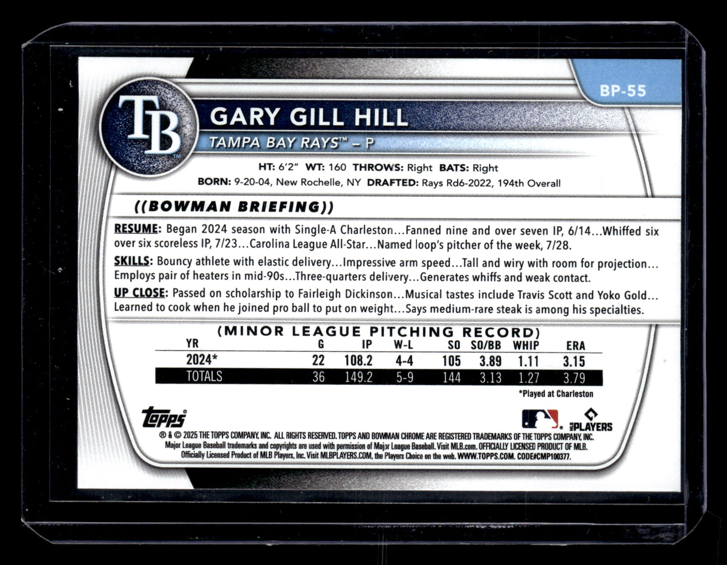 Gary Gill Hill 2025 Bowman #BP-55 Prospects Sky Blue #/499 SN