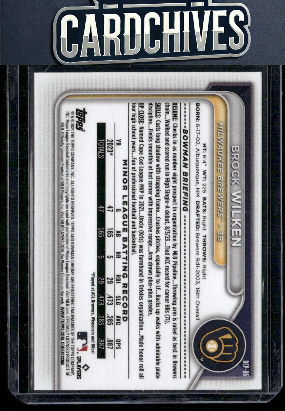 Brock Wilken 2024 Bowman #BCP-86 Chrome Prospects Mojo Refractors