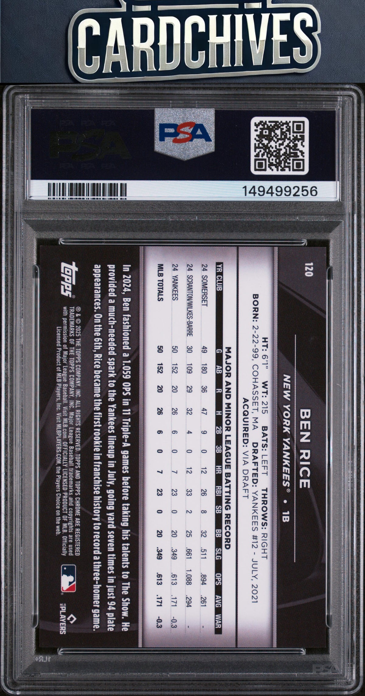 Ben Rice 2025 Topps Chrome Black #120 Orange Wave Refractors #/25 PSA 10 GEM MT