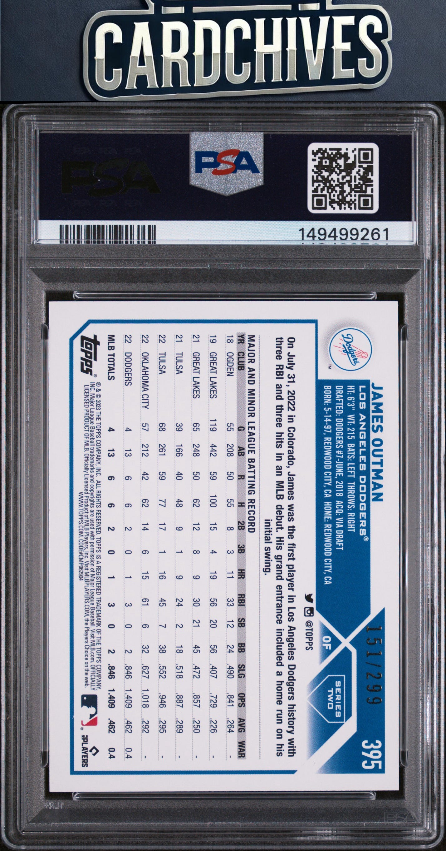 James Outman 2023 Topps #395 Orange Foil #/299 PSA 9 MINT