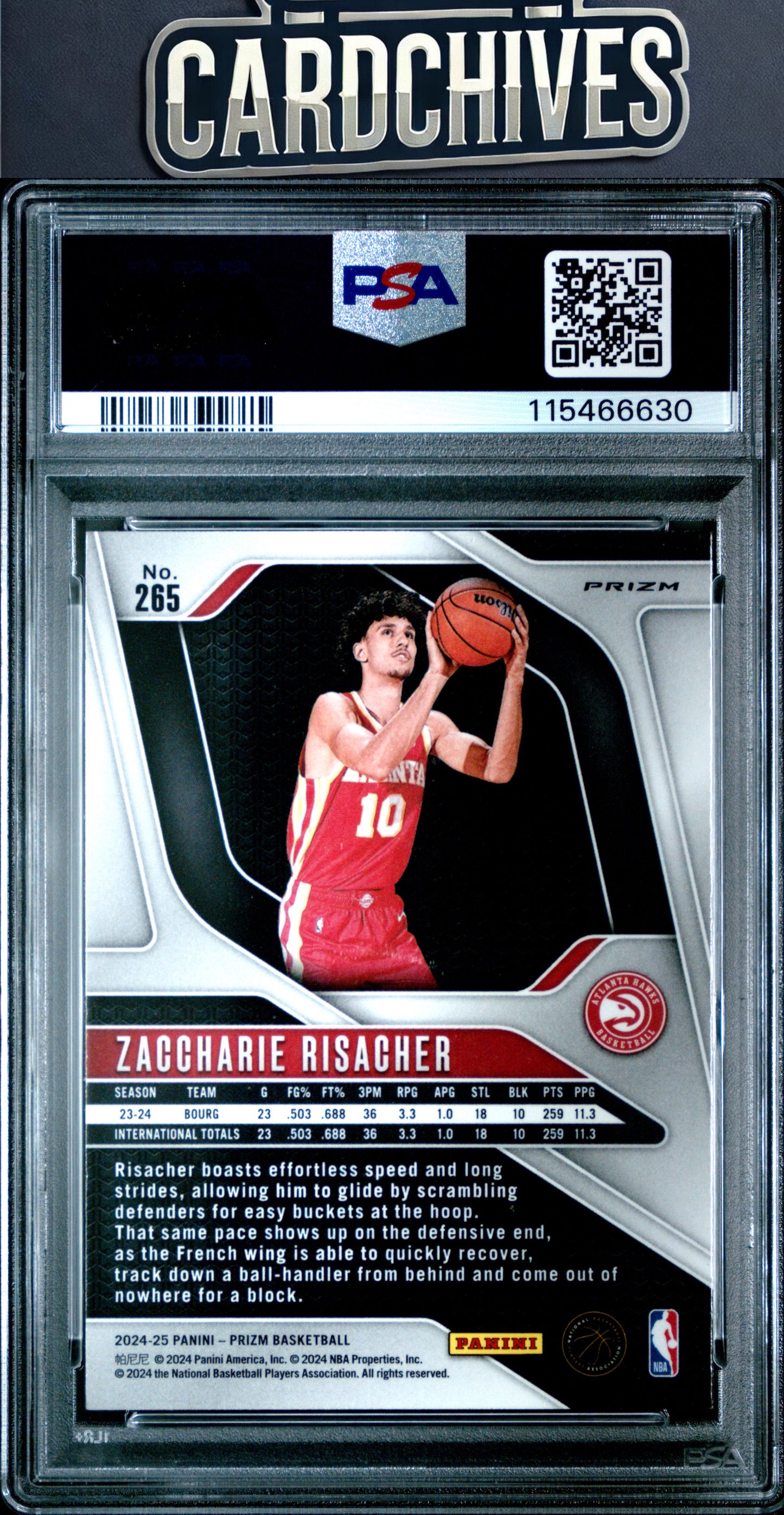 Zaccharie Risacher 2024-25 Panini Prizm #265 Red White and Blue PSA 10