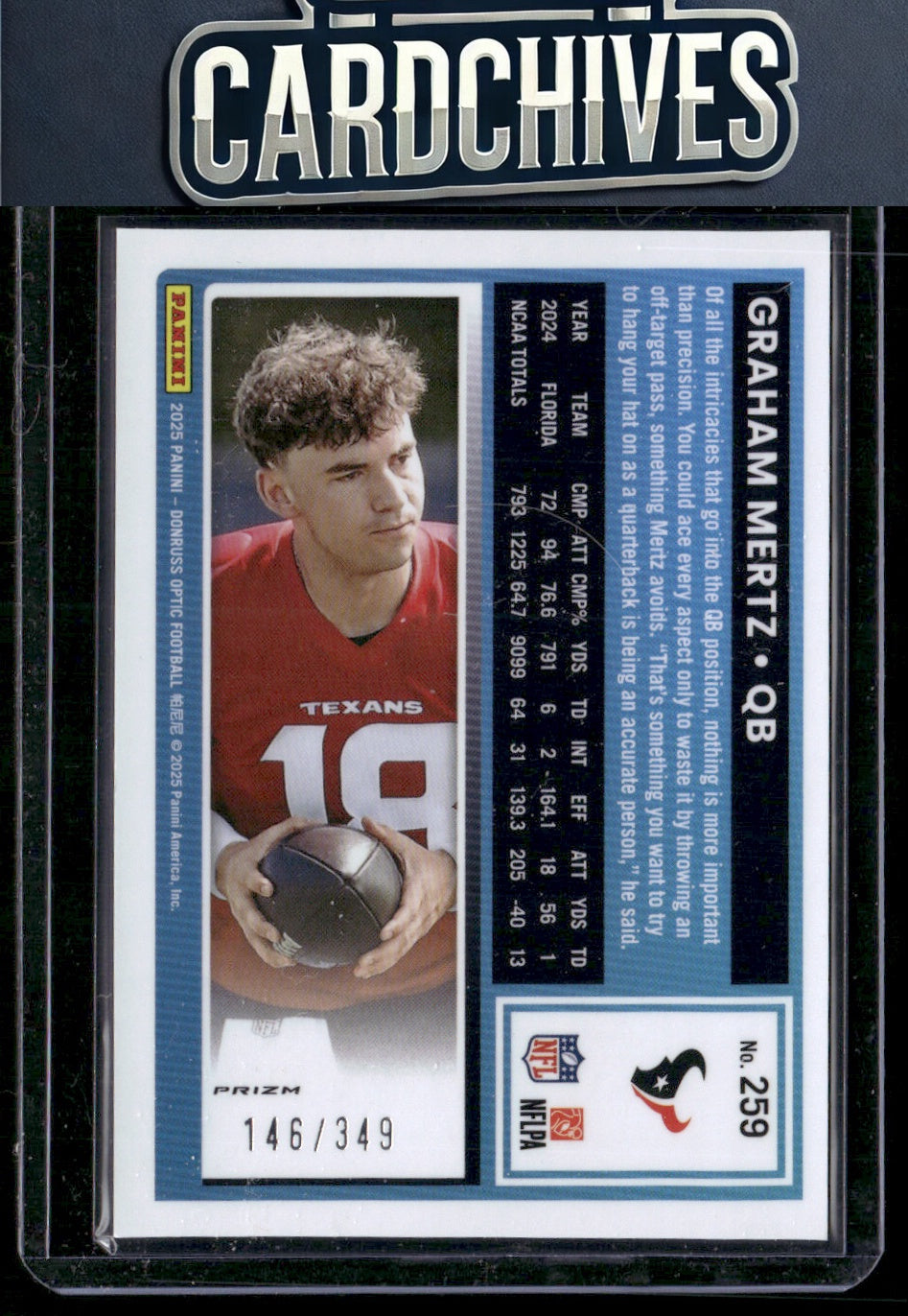 Graham Mertz 2025 Donruss Optic #259 SN349 Aqua #/349 Rookie SN,RC