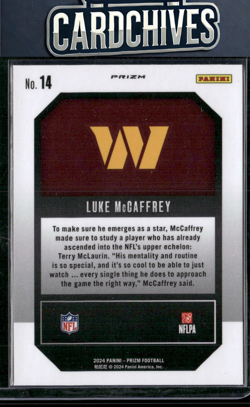 Luke McCaffrey 2024 Panini Prizm #14 Emergent Green Ice Prizm