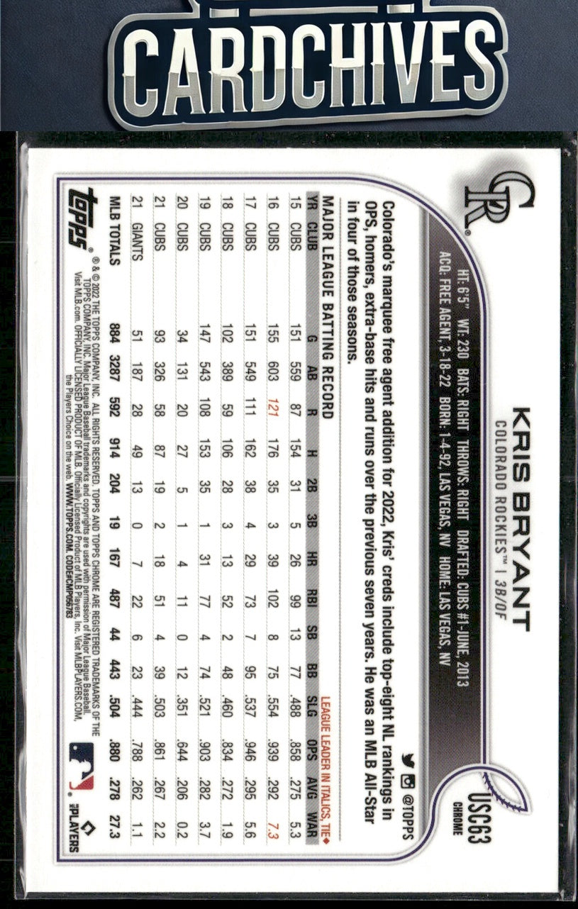 Kris Bryant 2022 Topps Chrome Update #USC63 Purple Refractor