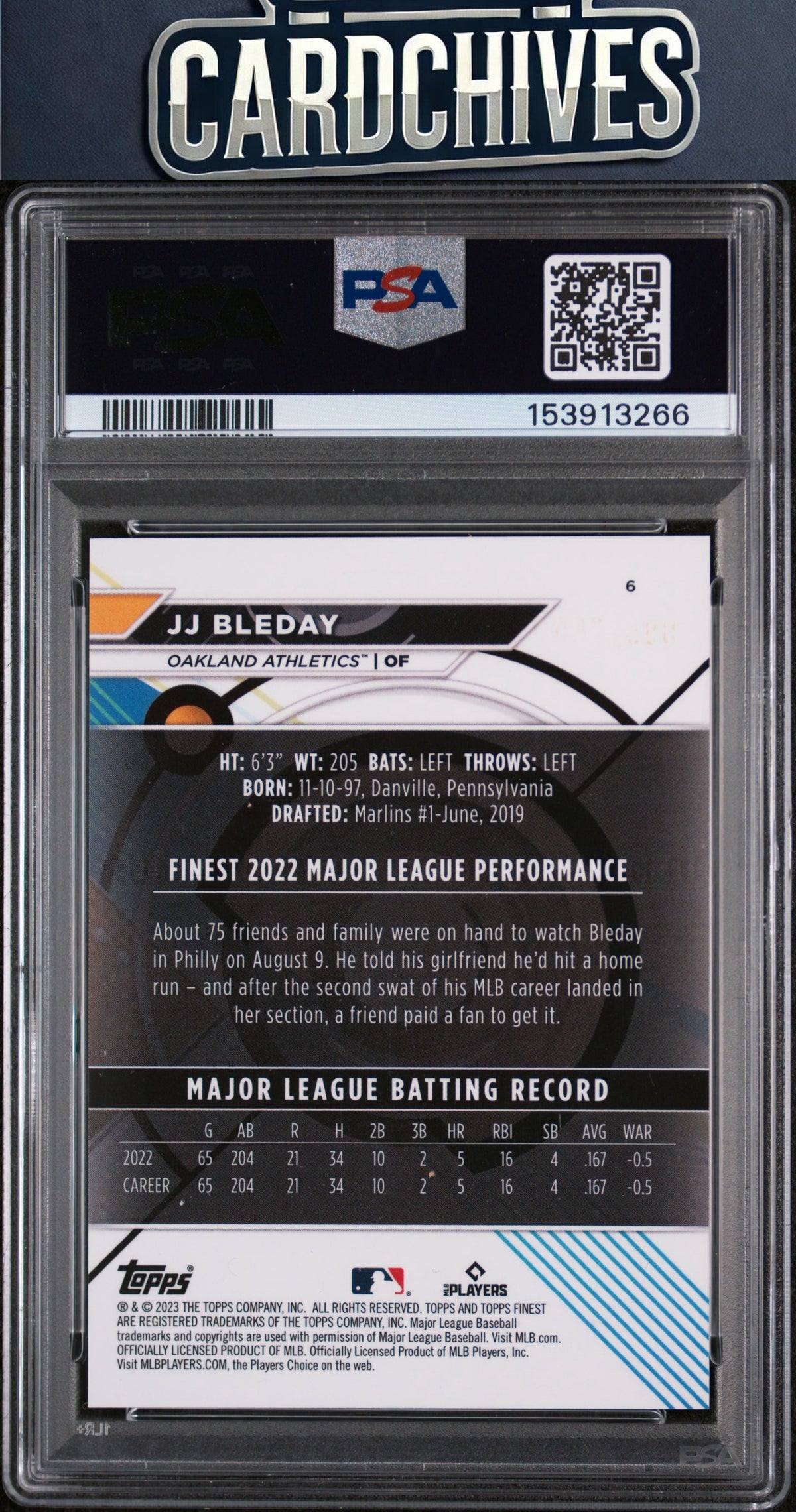 JJ Bleday 2023 Finest #6 Blue/Aqua Vapor #/250 PSA 10 GEM MT POP 1 🔥