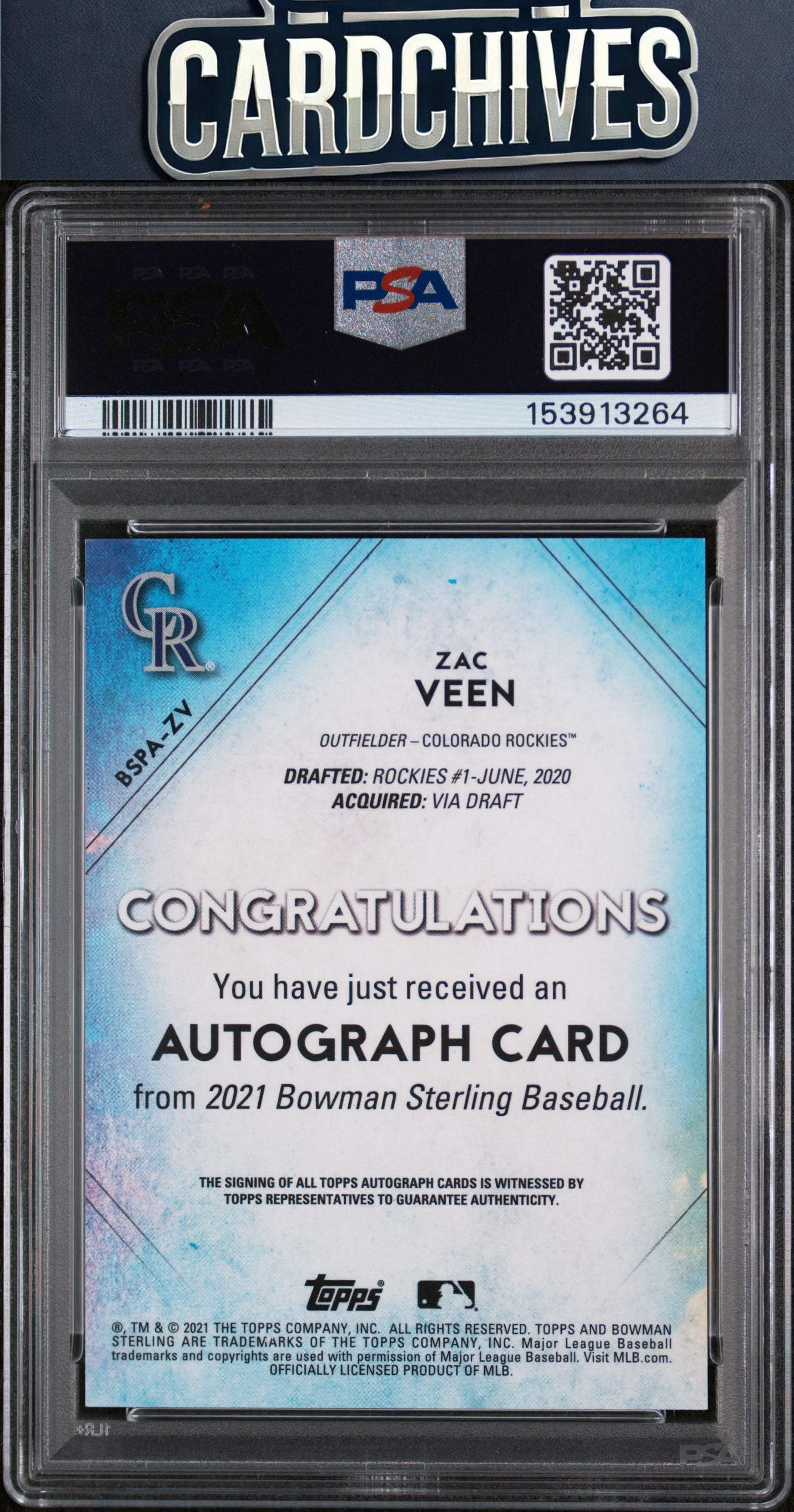 Zac Veen 2021 Bowman Sterling #BSPA-ZV Prospect Autographs PSA 10 GEM MT