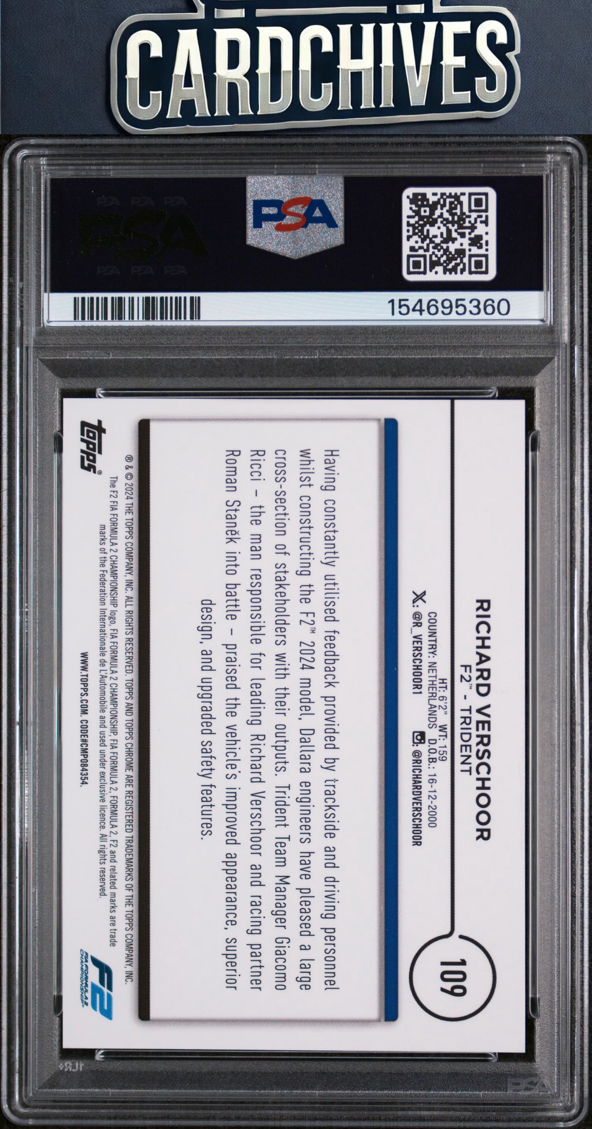 Richard Verschoor 2024 Chrm Saph Formula 1 #109 Black/White /20 PSA POP 1 🔥