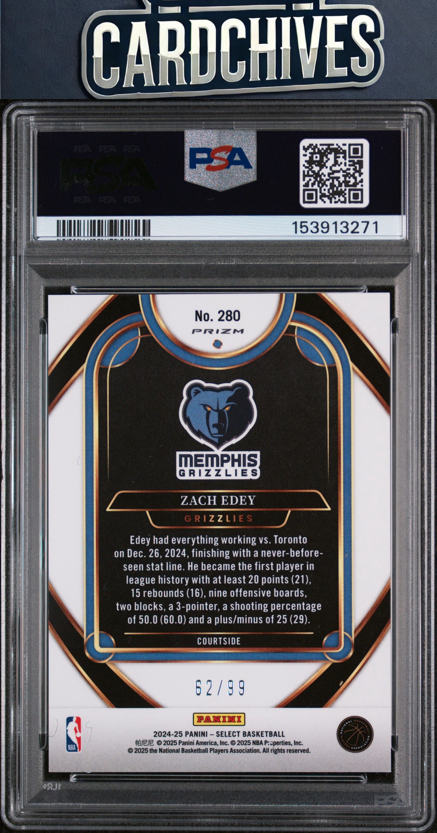 Zach Edey 2024-25 Panini Select #280 Pink Cracked Ice Prizm #/99 PSA 9 MINT