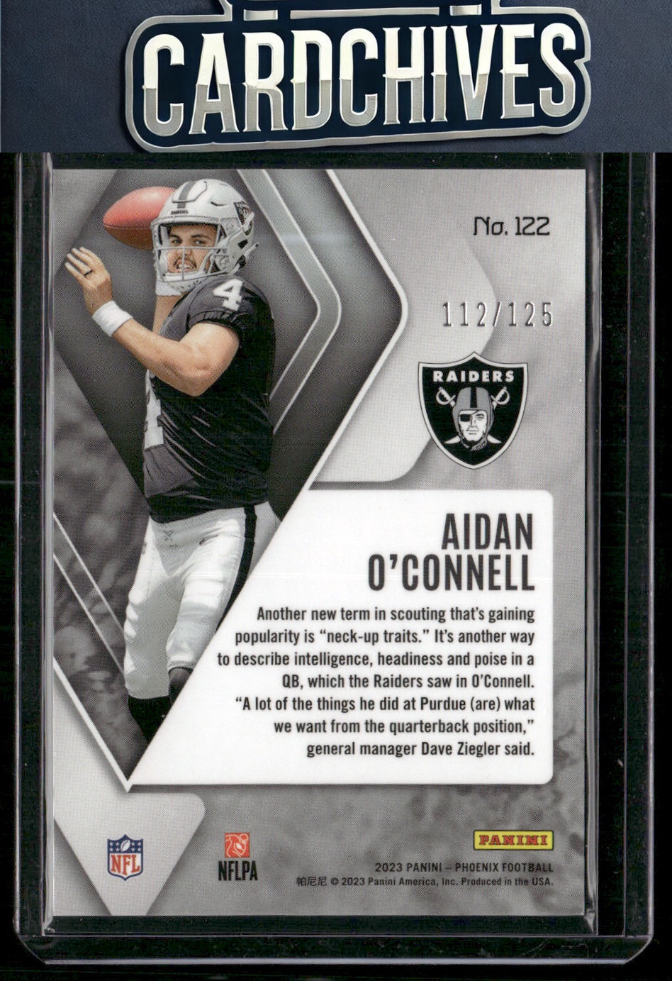 Aidan O'Connell 2023 Panini Phoenix #122 Purple Seismic #/125 Rookie SN,RC