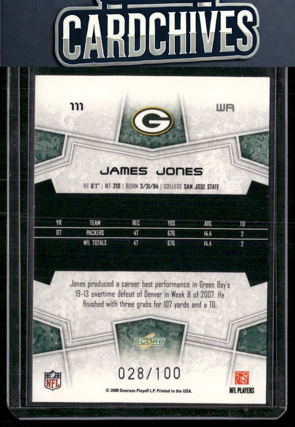 James Jones 2008 Score #111 Super Bowl XLIII