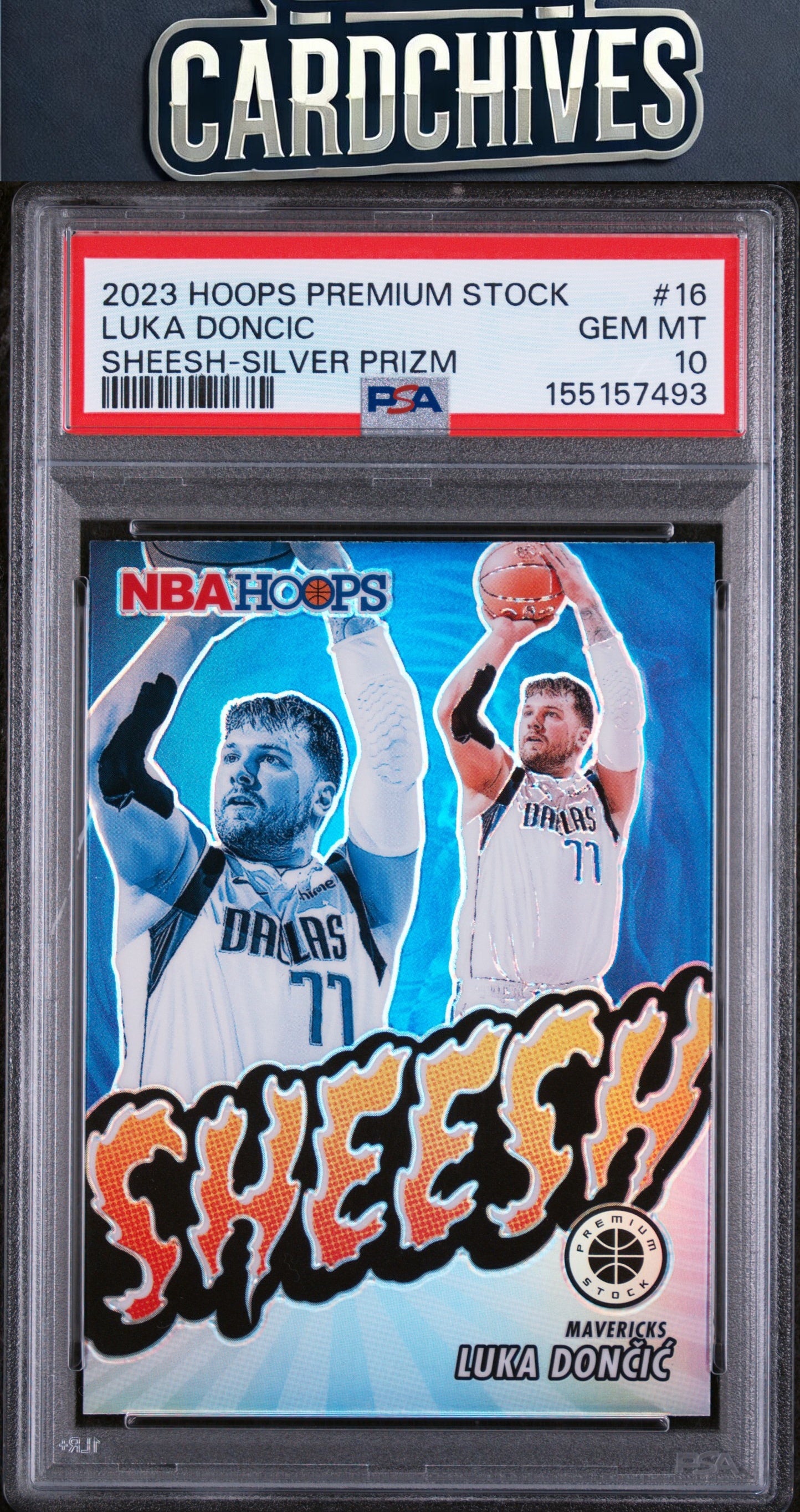 Luka Doncic 2023-24 Hoops Premium Stock #16 Sheesh Silver Prizm PSA 10 GEM MT