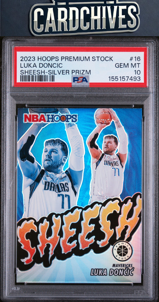 Luka Doncic 2023-24 Hoops Premium Stock #16 Sheesh Silver Prizm PSA 10 GEM MT