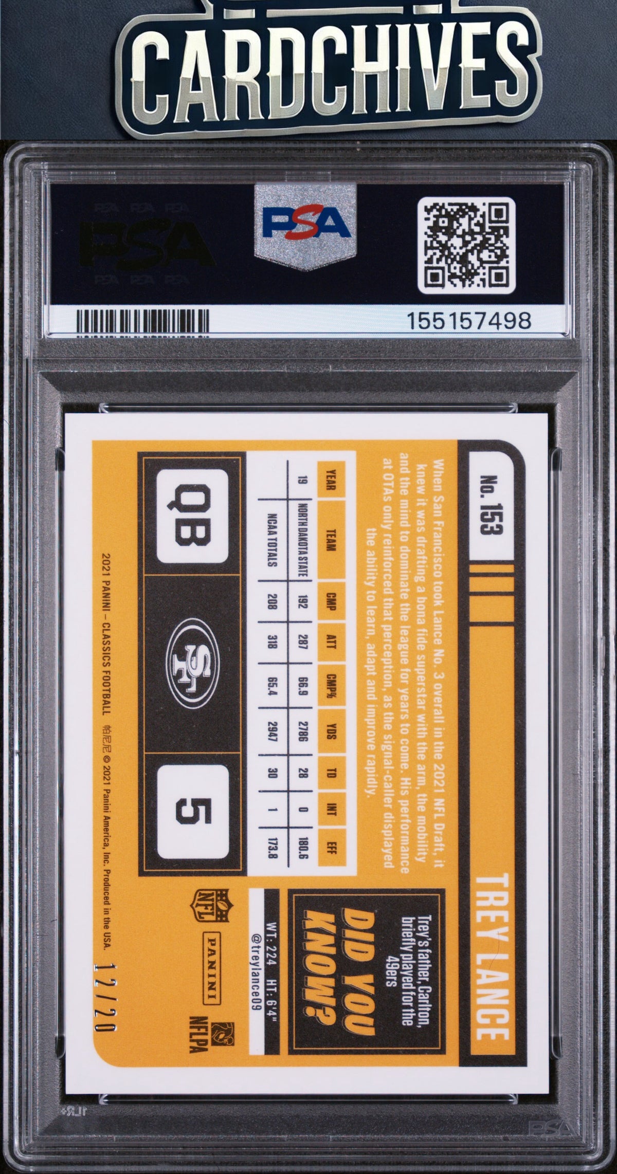 Trey Lance 2021 Panini Classics #153 Premium Timeless Tributes Green #/20 PSA 9