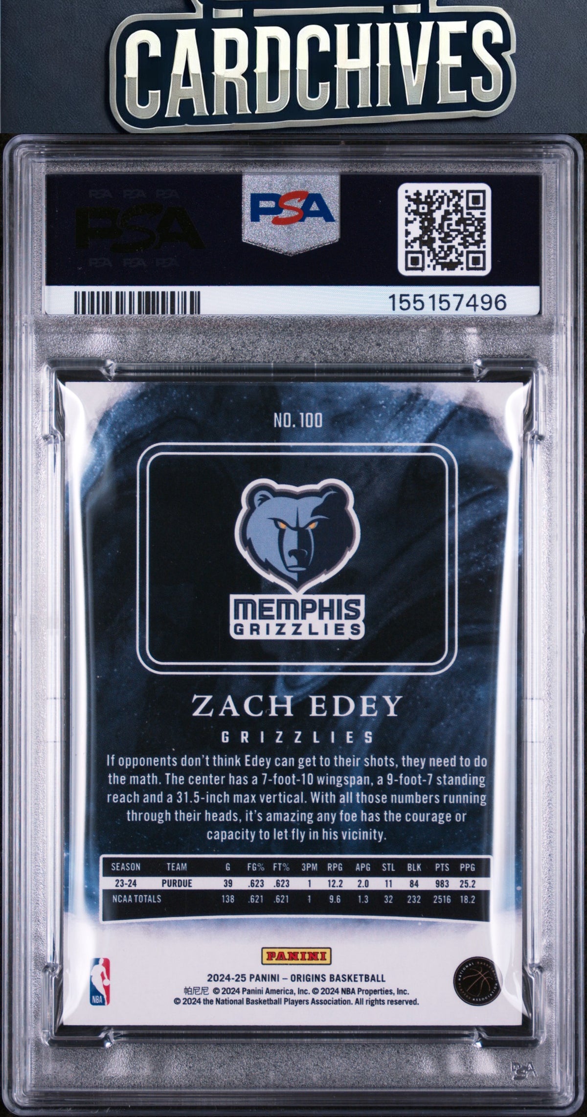 Zach Edey 2024-25 Panini Origins #100 Purple FOTL #/22 PSA 8 NM-MT