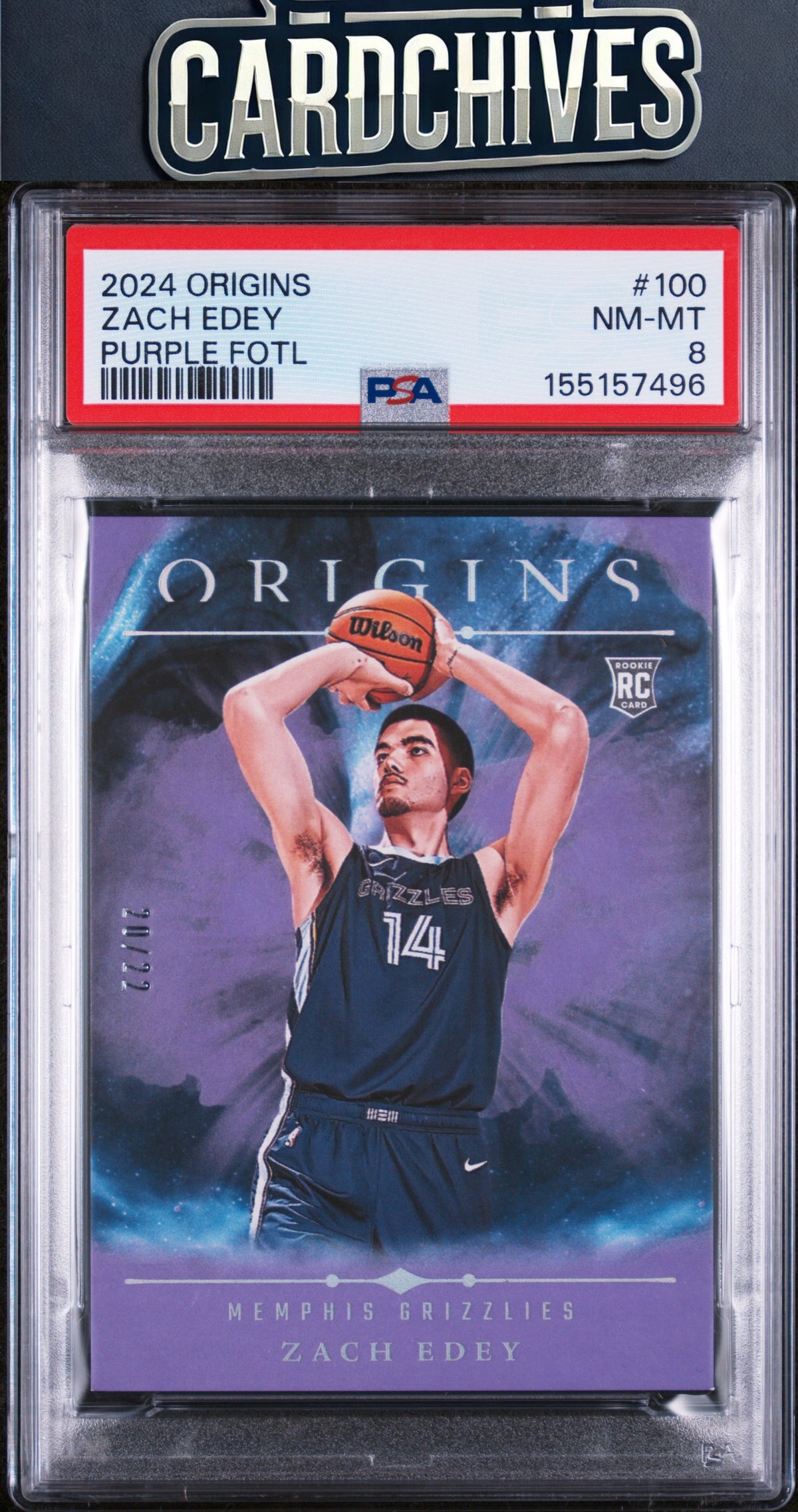 Zach Edey 2024-25 Panini Origins #100 Purple FOTL #/22 PSA 8 NM-MT