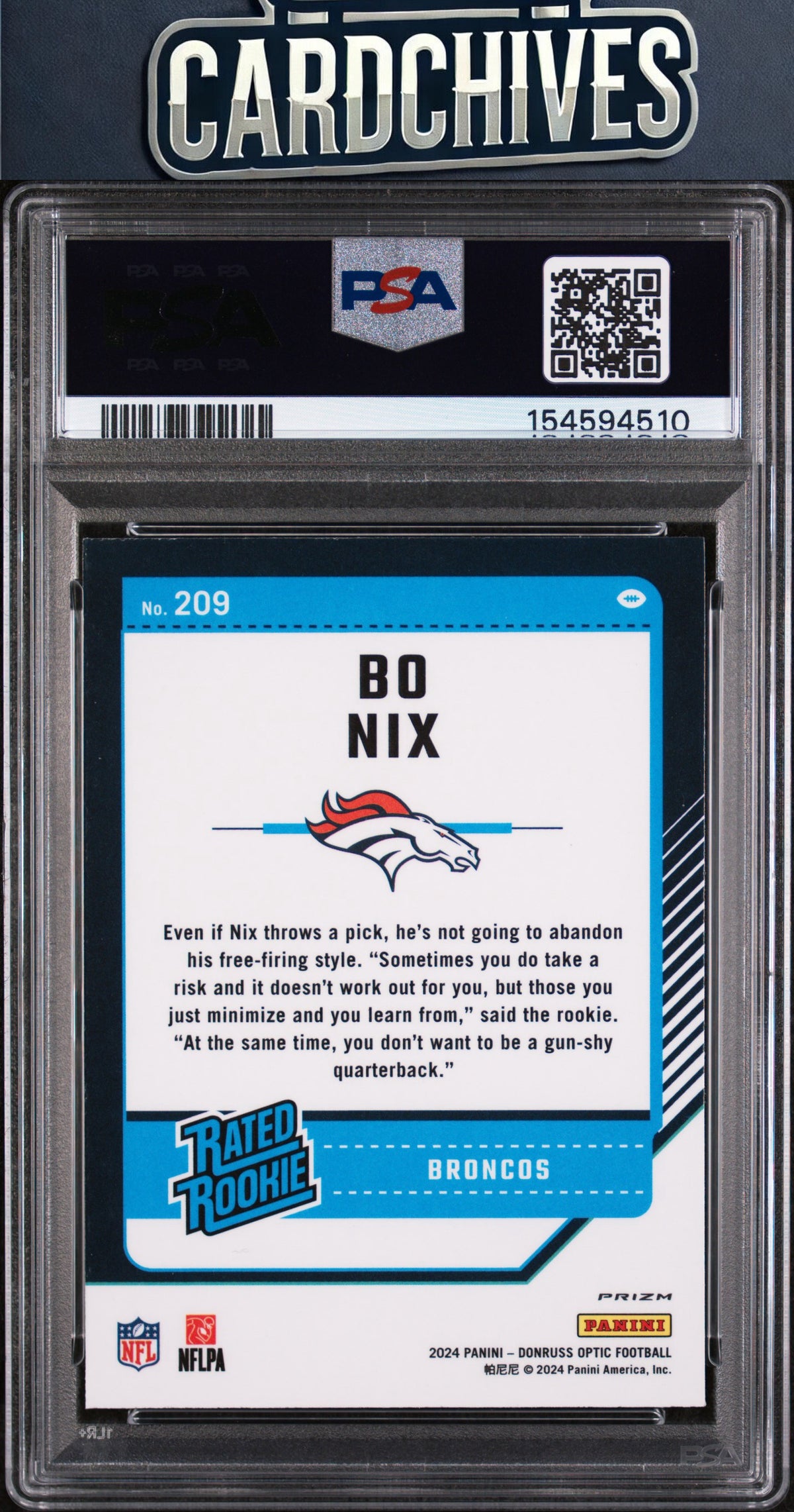 Bo Nix 2024 Donruss Optic #209 Purple Shock PSA 9 MINT