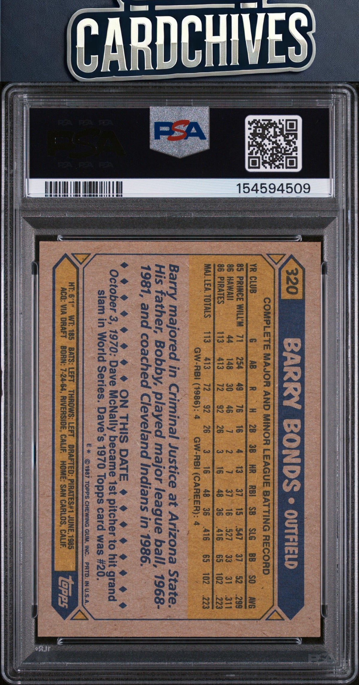 Barry Bonds 1987 Topps #320 PSA 9 MINT