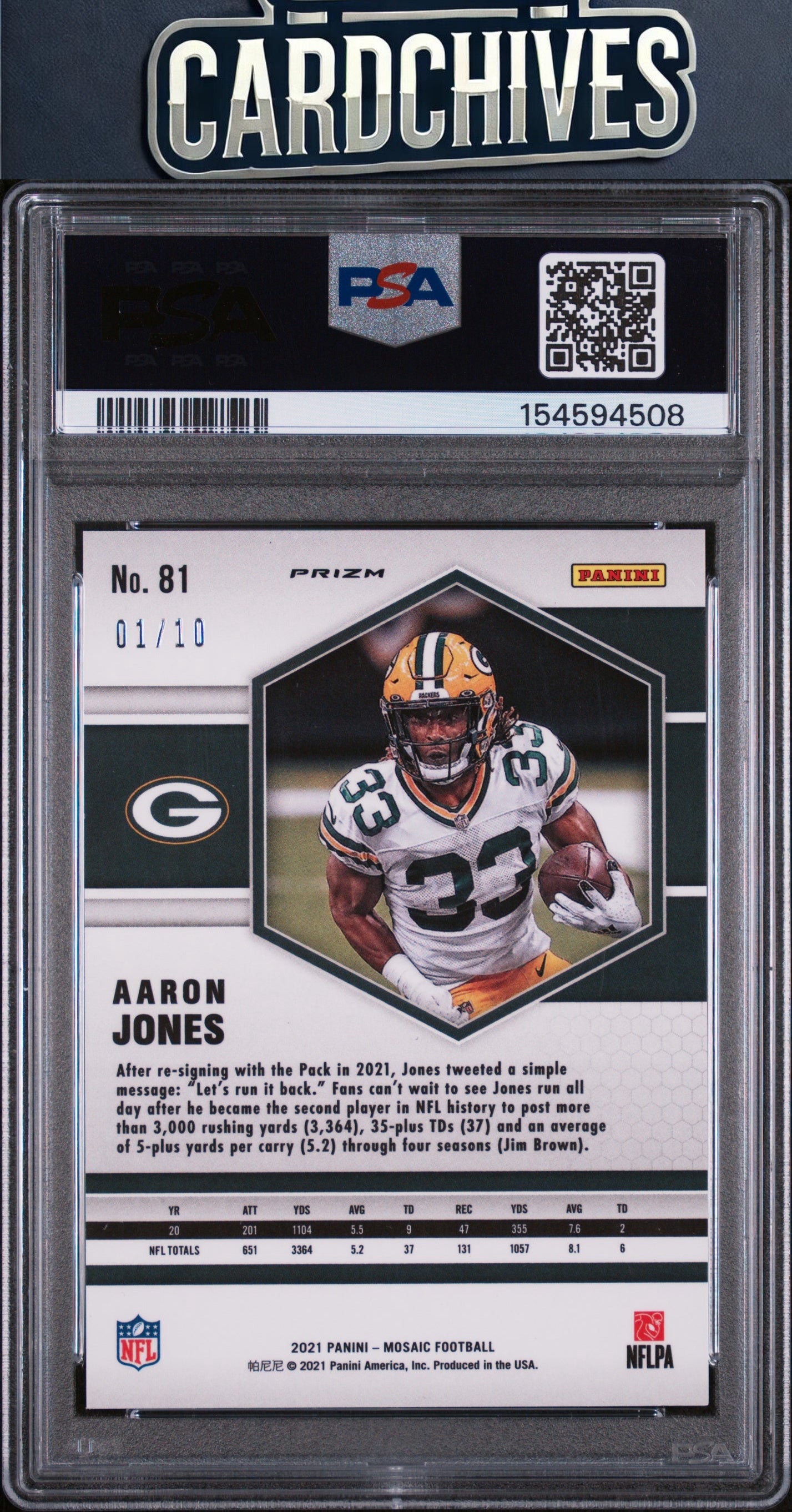 Aaron Jones 2021 Mosaic #81 Prizm Pink Fluorescent #/10 PSA 9 MINT BOOKEND #1