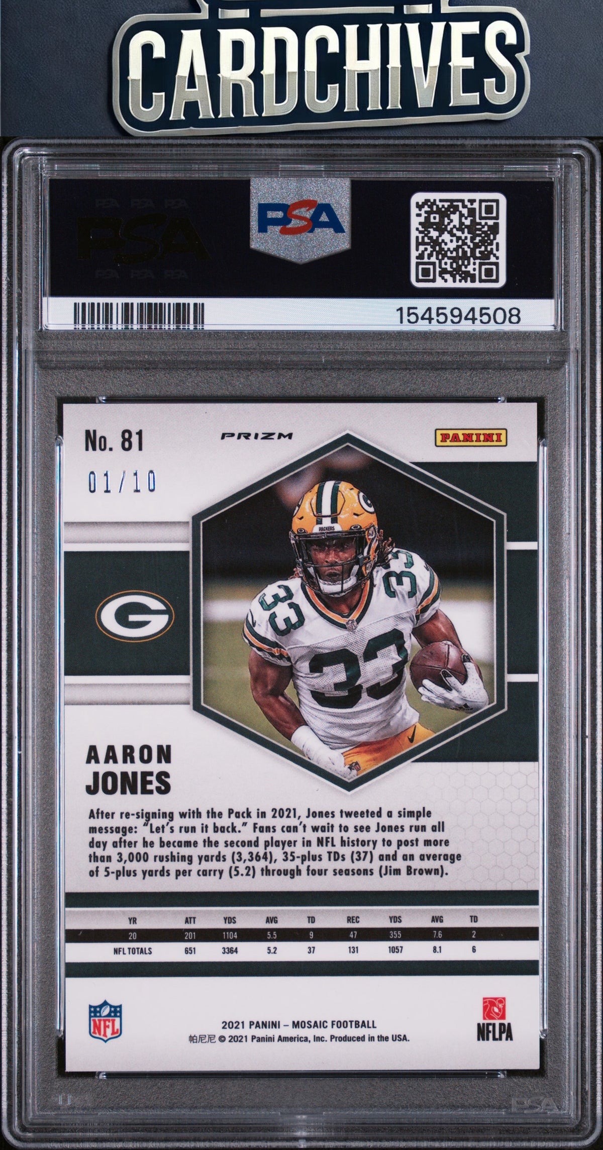 Aaron Jones 2021 Mosaic #81 Prizm Pink Fluorescent #/10 PSA 9 MINT BOOKEND #1